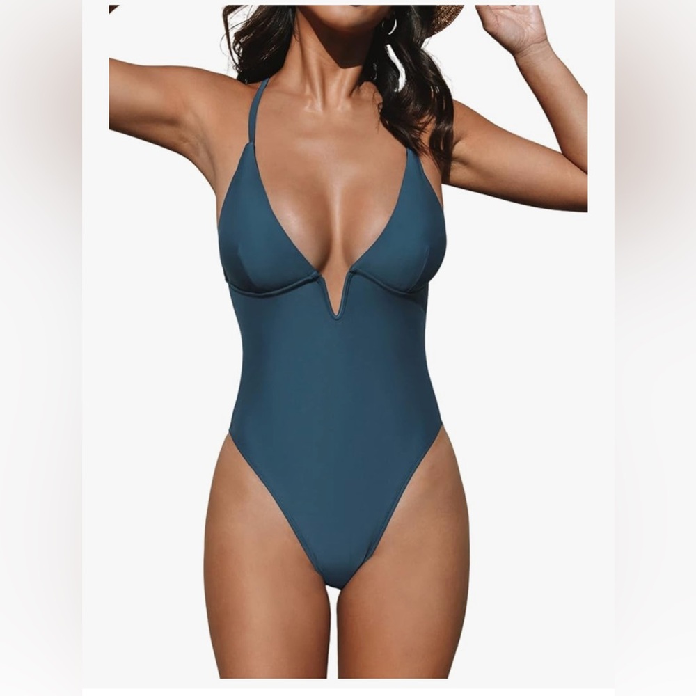 CUPSHE, deep v neck, cross cross back, one piece swimsuit